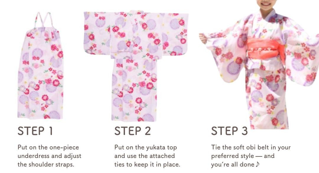 Girls' 2-Way Yukata 120Cm 3-Piece Set (Dress, Top, Obi) Pink With Double Cherry Blossoms / Clothes Set 1