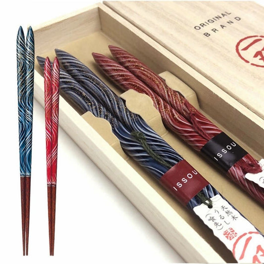 Wakasa Lacquerware Chopsticks In A Wooden Box Shokei Blue & Red, Pair / Chopsticks 1