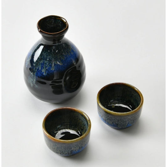 Mino Ware Sake Set (Sake Carafe X 1, Sake Cup X 2) Black-blue And Gold Glaze / Sake Bottle/sake Cup 1