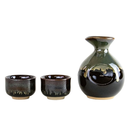 Arita Ware Sake Set (Sake Carafe X 1, Sake Cup X 2) In A Wooden Box Jet Black  / Sake Bottle/sake Cup 1