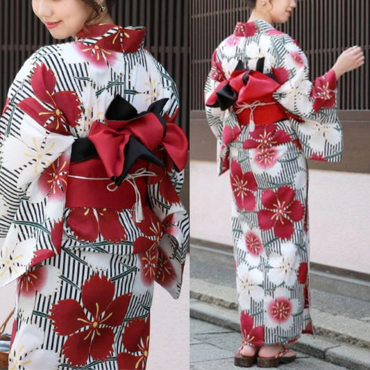 Women's Yukata Free Size 3-Piece Set (Yukata, Obi, Geta)  White With Black Stripes & Red-white Nadesiko / Clothes Set 1