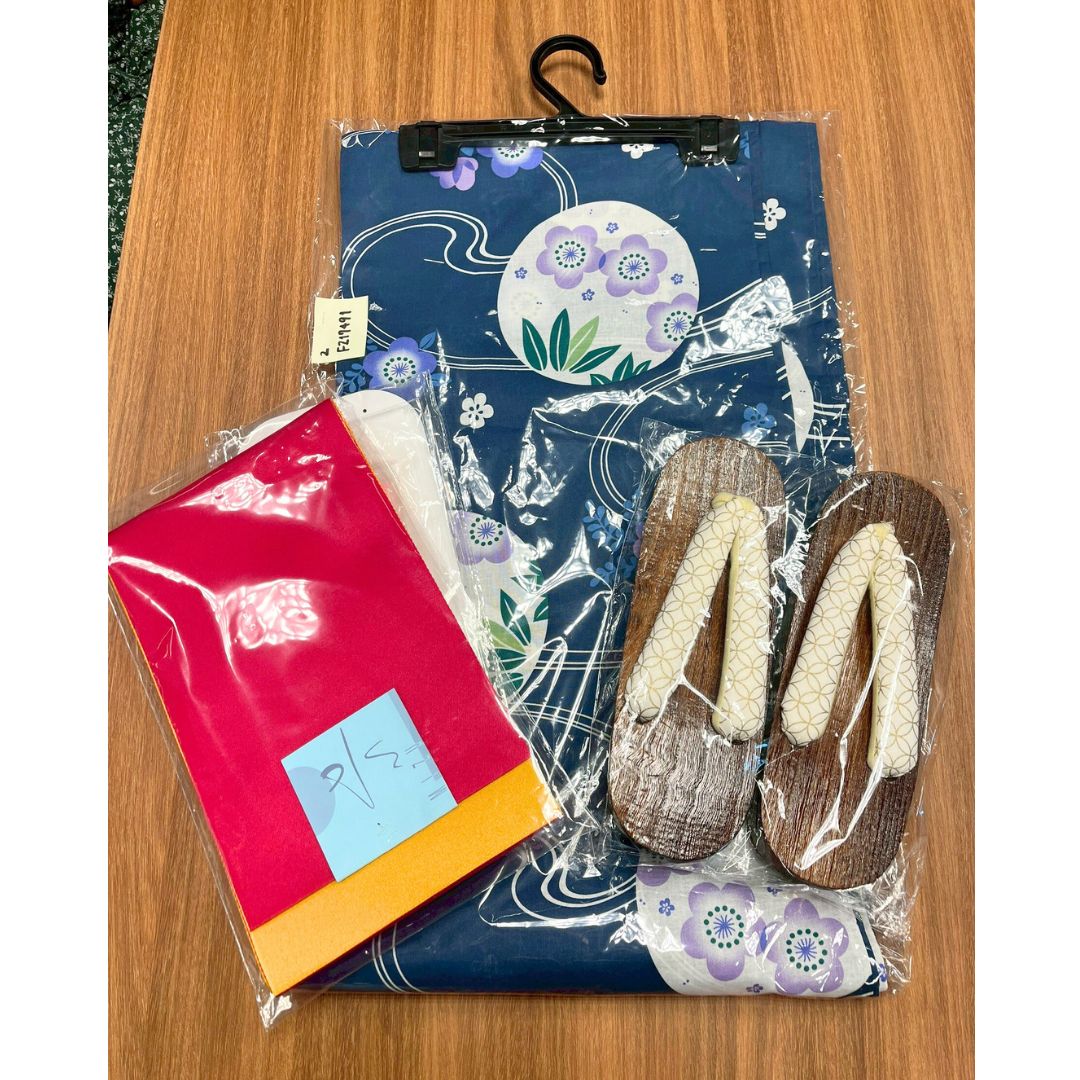 Women's  Yukata Free Size 3-Piece Set (Yukata, Obi, Geta)  Aqua-green With Polka Dots & Plum Blossoms / Clothes Set 1