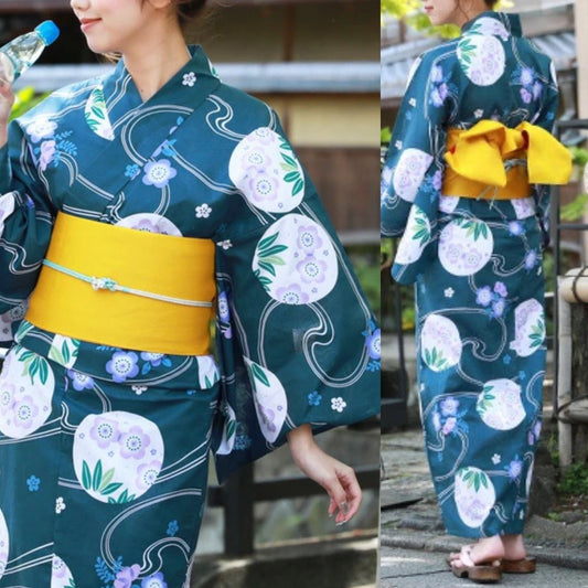 Women's  Yukata Free Size 3-Piece Set (Yukata, Obi, Geta)  Aqua-green With Polka Dots & Plum Blossoms / Clothes Set 1