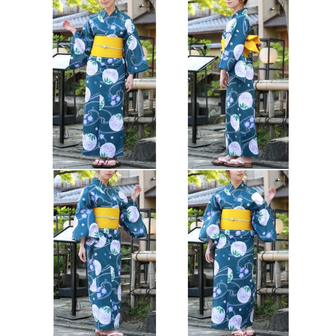 Women's  Yukata Free Size 3-Piece Set (Yukata, Obi, Geta)  Aqua-green With Polka Dots & Plum Blossoms / Clothes Set 1