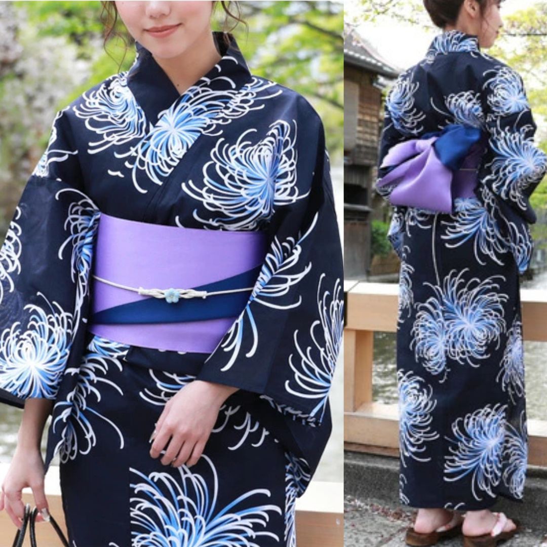 Women's  Yukata Free Size 3-Piece Set (Yukata, Obi, Geta)  Navy With White & Light-blue Chrysanthemum / Clothes Set 1