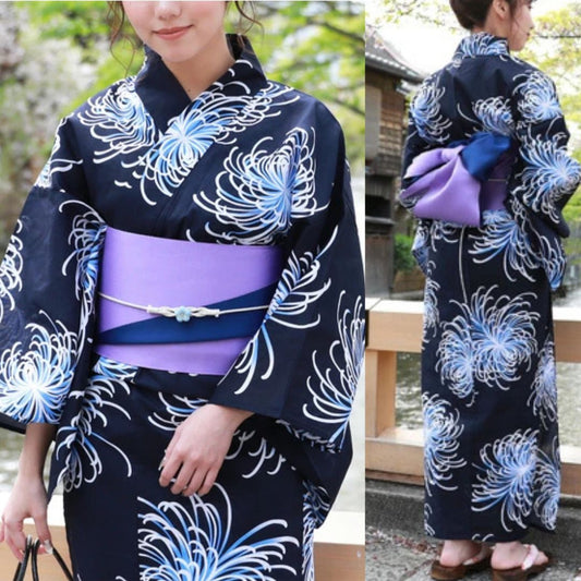 Women's  Yukata Free Size 3-Piece Set (Yukata, Obi, Geta)  Navy With White & Light-blue Chrysanthemum / Clothes Set 1