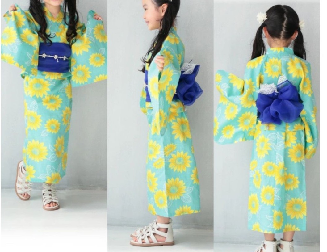 Girls' 2-Way Yukata 110Cm 3-Piece Set (Dress, Top, Obi) Greenish-blue With Sunflowers / Clothes Set 1