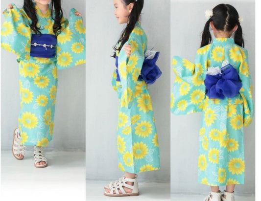 Girls' 2-Way Yukata 110Cm 3-Piece Set (Dress, Top, Obi) Greenish-blue With Sunflowers / Clothes Set 1