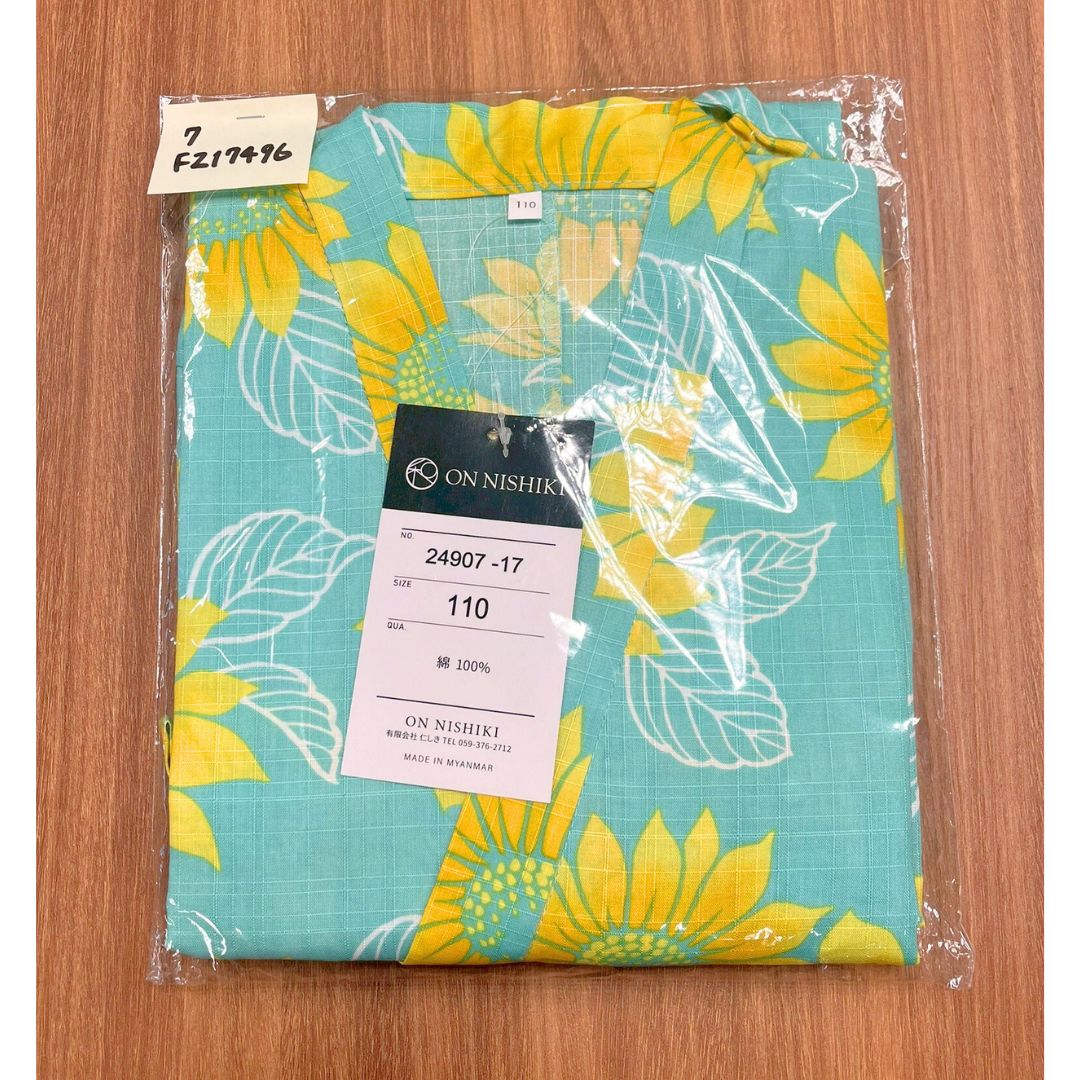 Girls' 2-Way Yukata 110Cm 3-Piece Set (Dress, Top, Obi) Greenish-blue With Sunflowers / Clothes Set 1