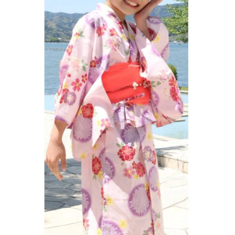 Girls' 2-Way Yukata 120Cm 3-Piece Set (Dress, Top, Obi) Pink With Double Cherry Blossoms / Clothes Set 1