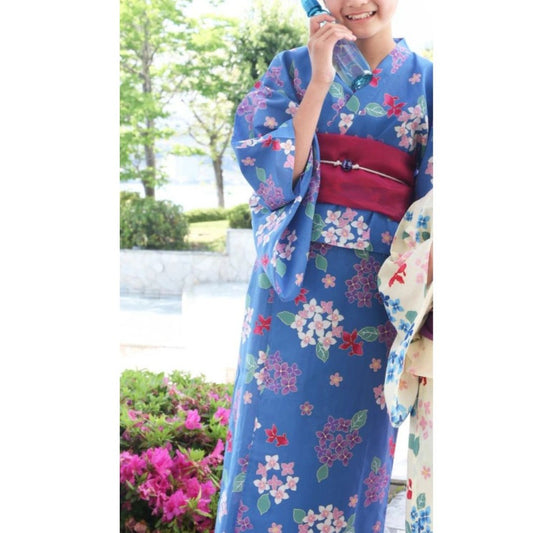 Girls' 2-Way Yukata 130Cm 3-Piece Set (Dress, Top, Obi) Indigo With Hydrangea / Clothes Set 1