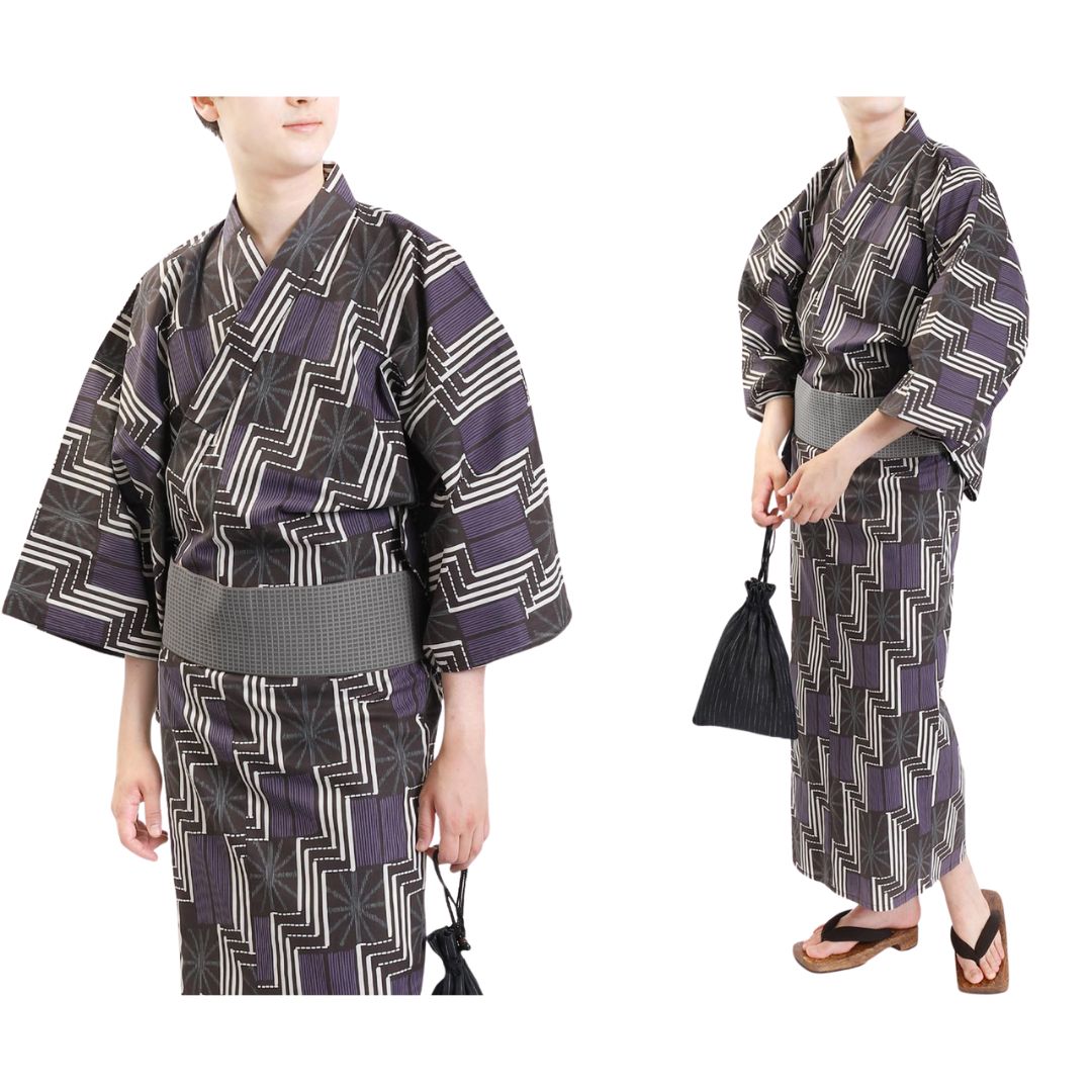 Men's Yukata L Size 2-Piece Set (Yukata, Obi) Purple Asanoha x Gray Obi / Clothes Set 1