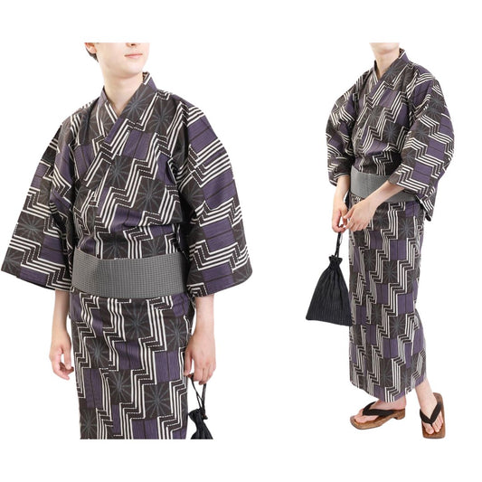 Men's Yukata L Size 2-Piece Set (Yukata, Obi) Purple Asanoha x Gray Obi / Clothes Set 1