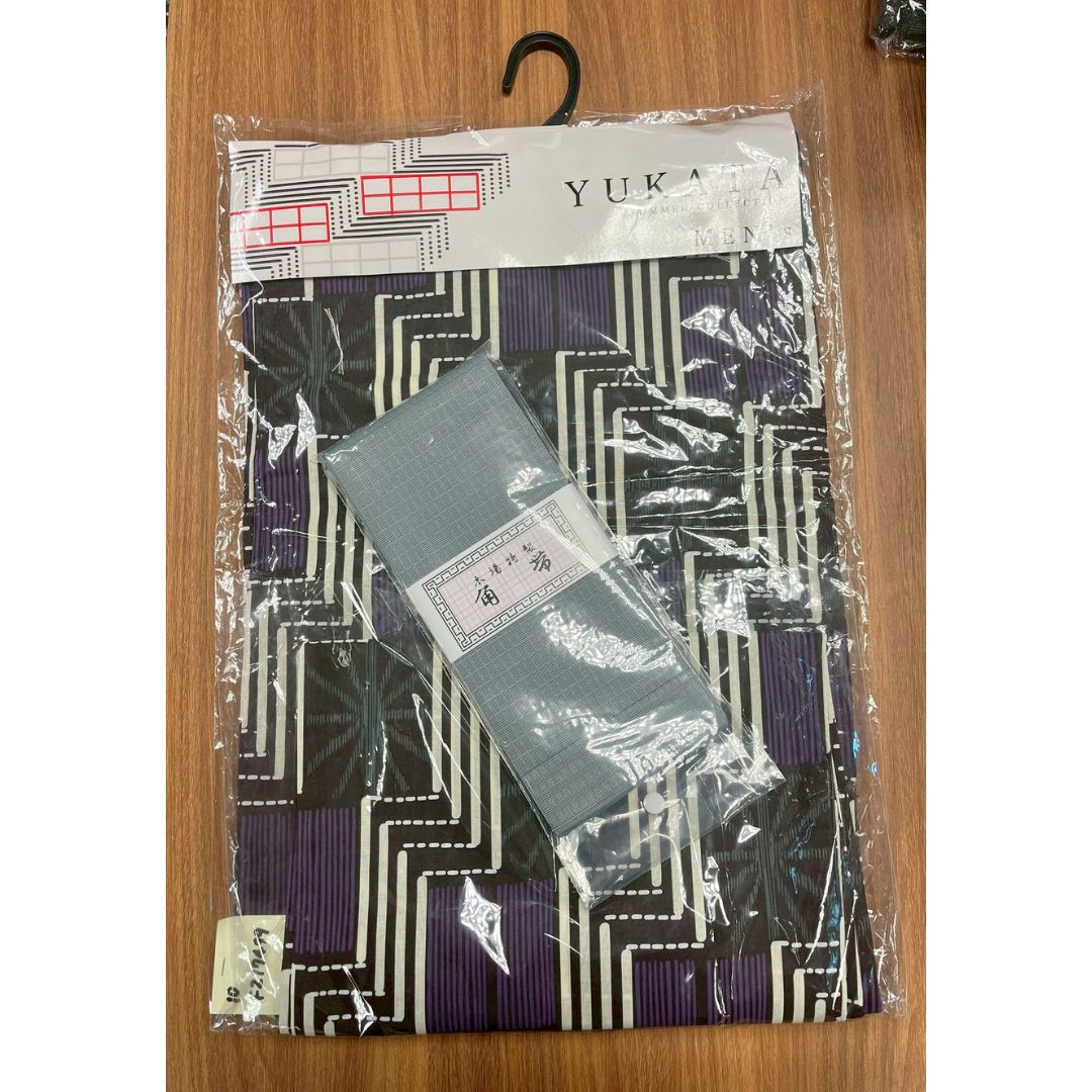Men's Yukata L Size 2-Piece Set (Yukata, Obi) Purple Asanoha x Gray Obi / Clothes Set 1