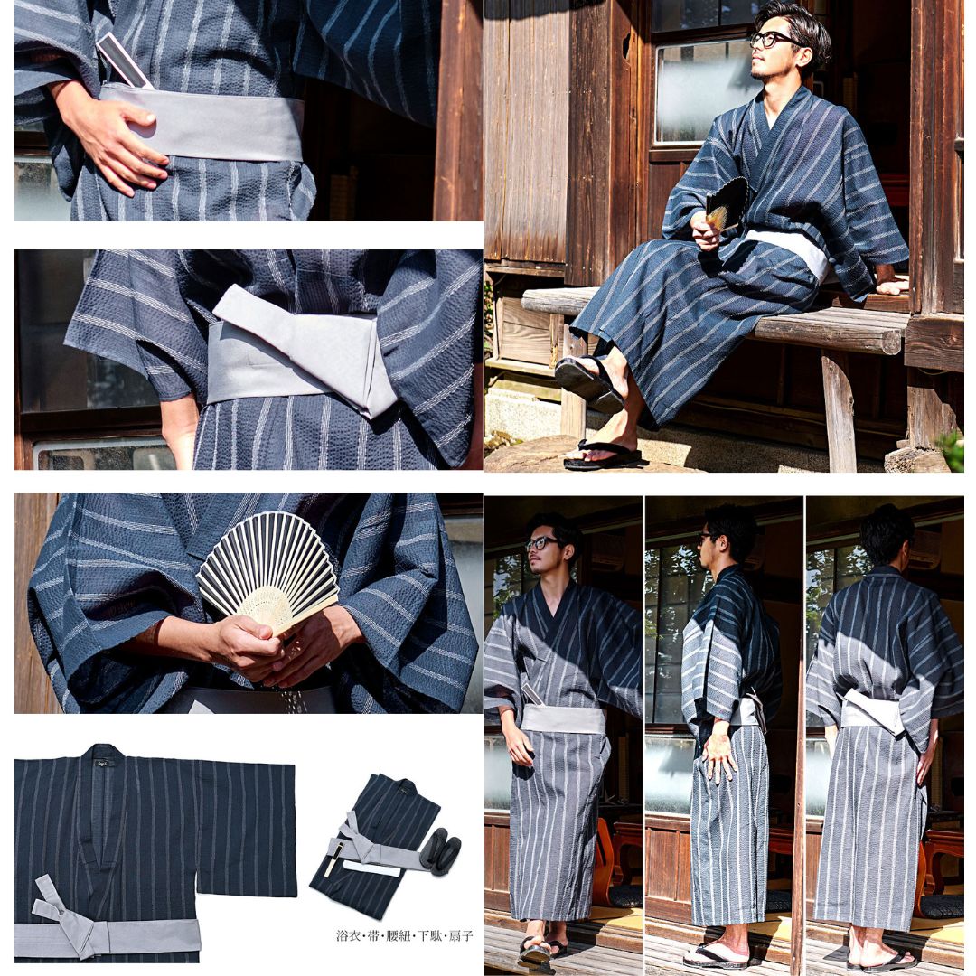 Men's Yukata XL Size 5-Piece Set (Yukata, Obi, Koshihimo, Geta, Fan)  Indigo Gradient Stripes x Gray Obi / Clothes Set 1