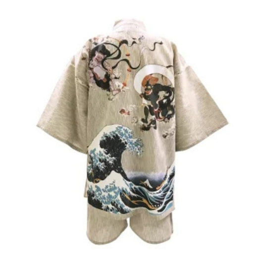 Mens' Jinbei L Size Shijira Weave With Fujin-raijin & Waves / Clothes Set 1
