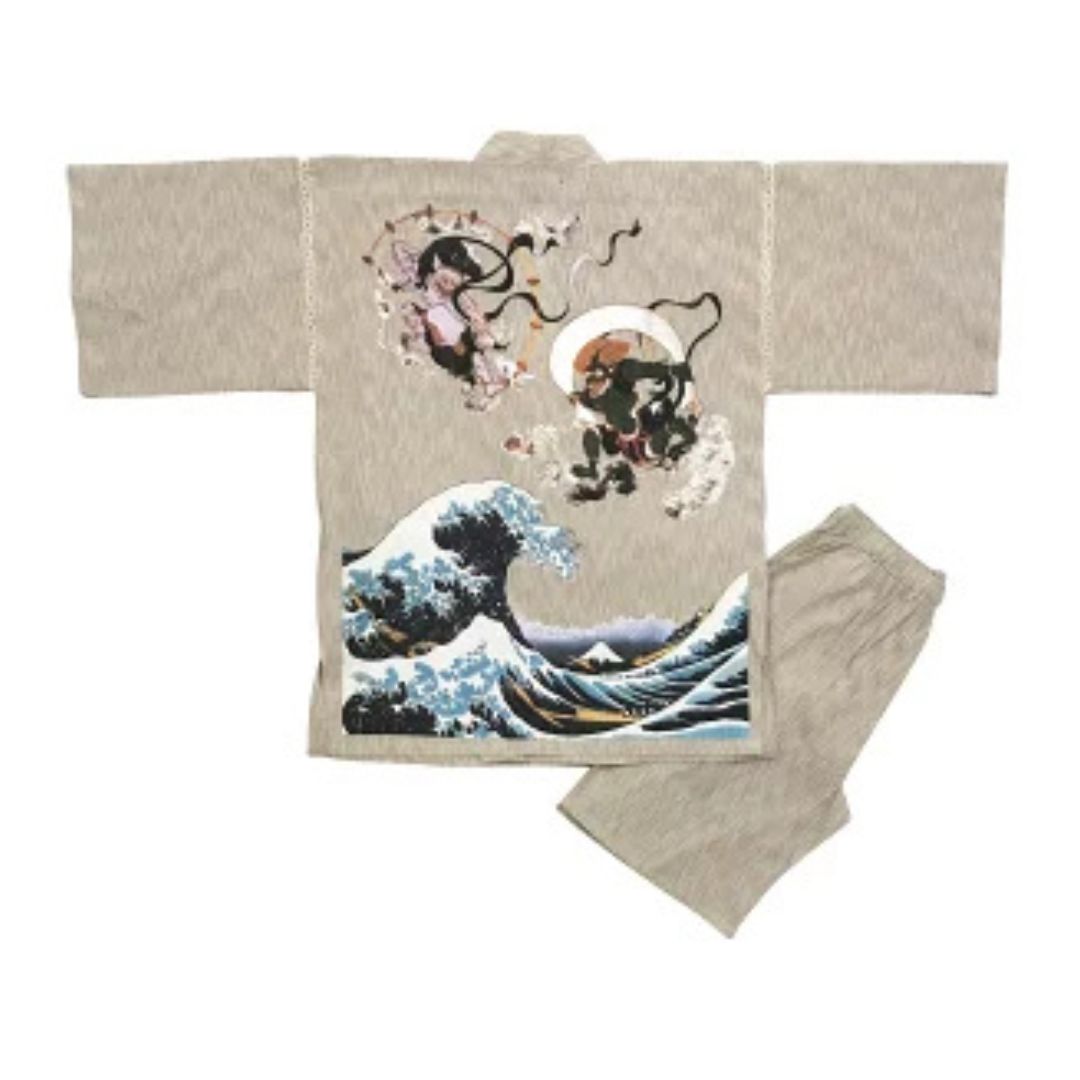 Mens' Jinbei L Size Shijira Weave With Fujin-raijin & Waves / Clothes Set 1
